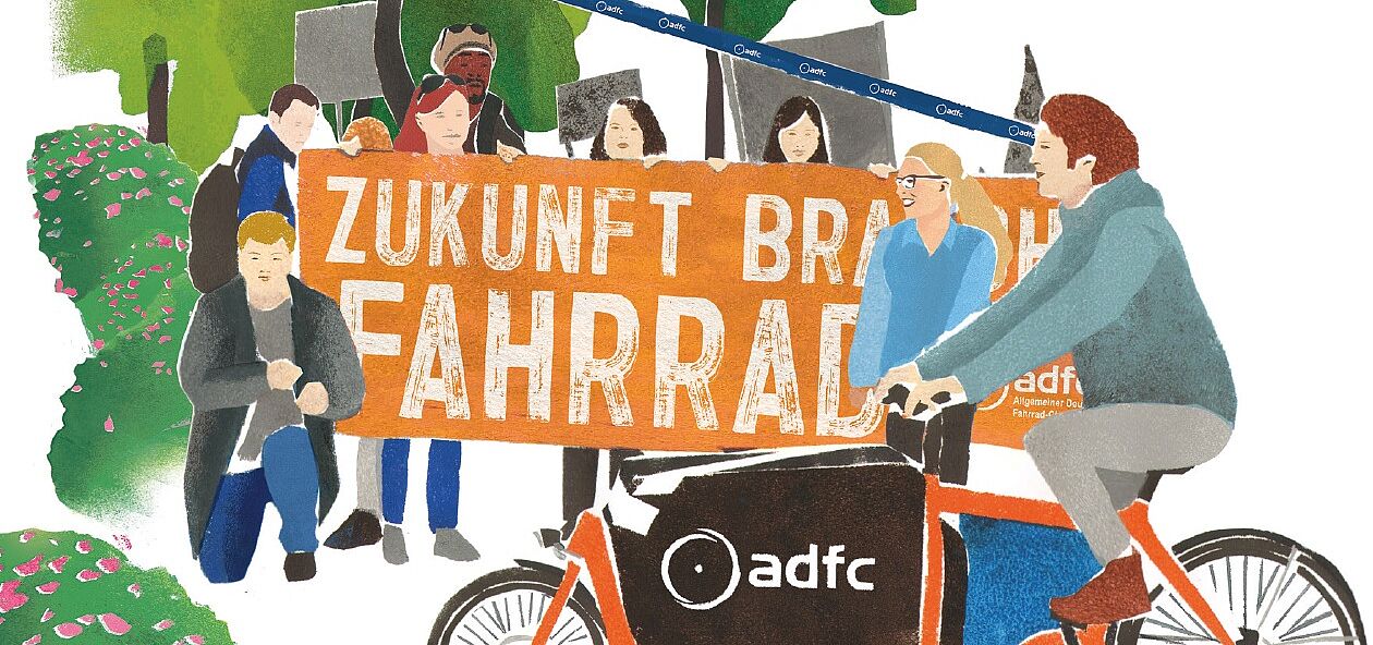 Menschen fahren Fahrrad und halten ein Schild "Zukunft braucht Fahrrad"